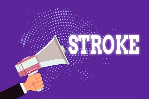 Handwriting text Stroke. Concept meaning caused by bleeding into brain tissue when a blood vessel bursts Male Hu analysis Hand Holding Gripping a Megaphone on Dotted Halftone Pattern. — Stock Photo, Image