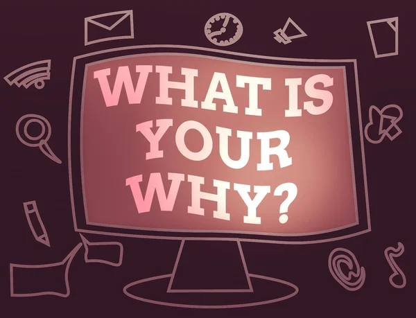 Text sign showing What Is Your Why Question. Conceptual photo asking someone about their purpose in life Web Application Software icons Surrounding Blank Mounted Computer Monitor. — Stock Photo, Image