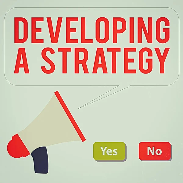 Szövegírás: Stratégia kidolgozása. Üzleti koncepció az új célok marketing ötleteinek megvitatására Jövőkép tervezés Üzleti kiválasztás gomb Zöld Igen és piros Nem üres beszédbuborékkal — Stock Fotó
