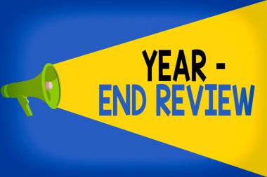 Kelime yazma Yılı Sonu İncelemesi. Yıllık başarı ve hedef geliştirme değerlendirmesi için iş konsepti Ses Kapasitesi Genişletici Ses Düzeyi ile Yarı Ses Megafonu Hoparlörü.