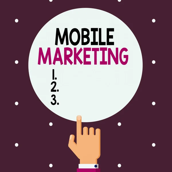 Word writing text Mobile Marketing. Business concept for advertising that promotes products via adaptable devices Male Hu analysis Hand Pointing up Index finger Touching Solid Color Circle. — Stock Photo, Image