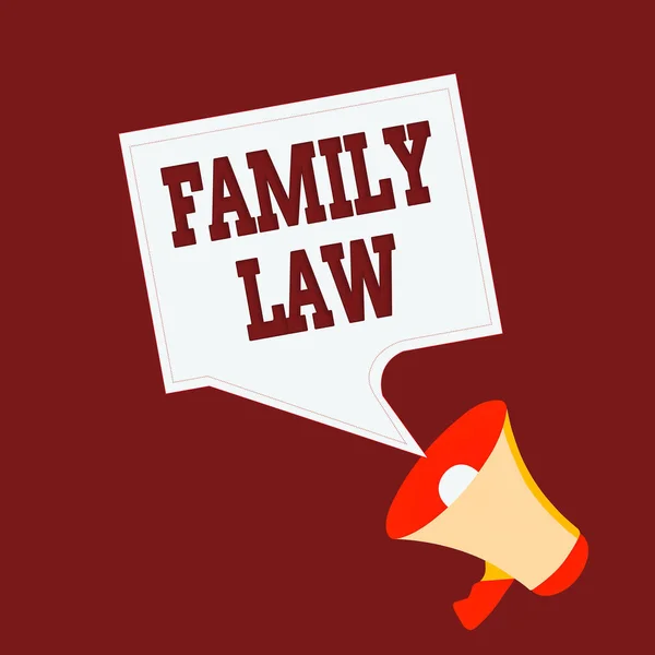 Conceptual hand writing showing Family Law. Business photo text body of legal practice dealing with inside household matters Megaphone and Blank Square Speech Bubble Public Announcement.