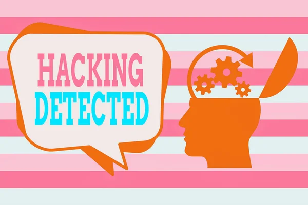Text sign showing Hacking Detected. Conceptual photo activities that seek to compromise affairs are exposed Hu analysis Head Silhouette Topside Open with Gears and Blank Halftone Bubble. — Stock Photo, Image