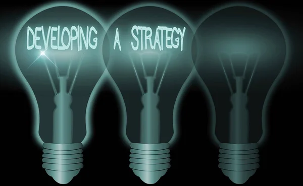 Texto de redação de palavras Desenvolvendo uma estratégia. Conceito de negócio para discutir as ideias para o novo objetivo Visão de marketing Planejamento de negócios . — Fotografia de Stock