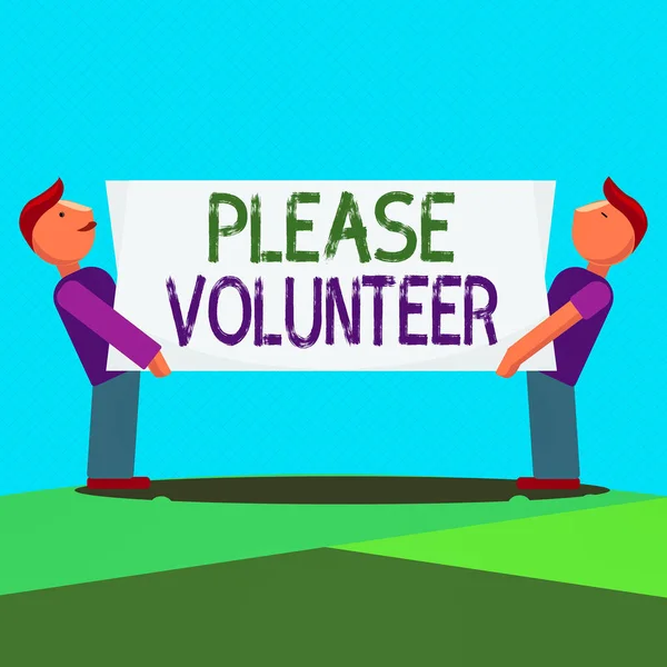 文字标志显示请志愿者。礼貌地要求报名或报名参加事务的概念性照片行为两个男人站在两边带矩形空格板. — 图库照片