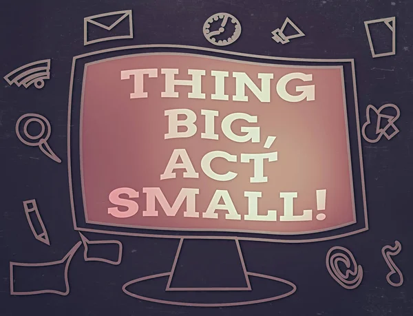 Text sign showing Thing Big, Act Small. Conceptual photo Starts at a short term to reach a lifelong goals Web Application Software icons Surrounding Blank Mounted Computer Monitor. — Stock Photo, Image