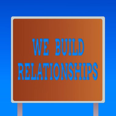 İlişkiler kurduğumuzu gösteren kavramsal el yazısı. Ticari büyüme sürecini geliştiren iş fotoğraflarının sergilenmesi ve Çerçeve Kenarlığı Dış Görünümlü Takım Çalışması Meydanı Reklam Panosu.