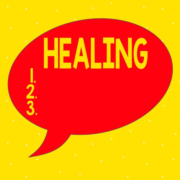 Woordschrijvende tekst Healing. Business concept voor het proces van het herstel van de gezondheid van een onevenwichtige zieke Speech Bubble Oval Vorm in Solid Color Outlined tekstballon met staart. — Stockfoto