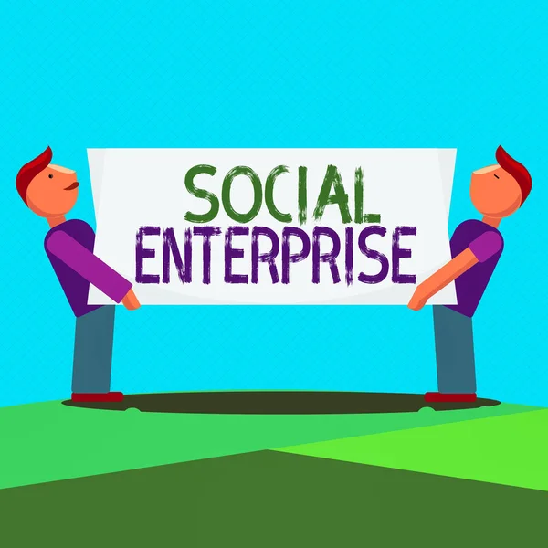 Text sign showing Social Enterprise. Conceptual photo It is a business that has specific civil objectives Two Men Standing Carrying Rectangular Blank Panel Board on Both Sides.