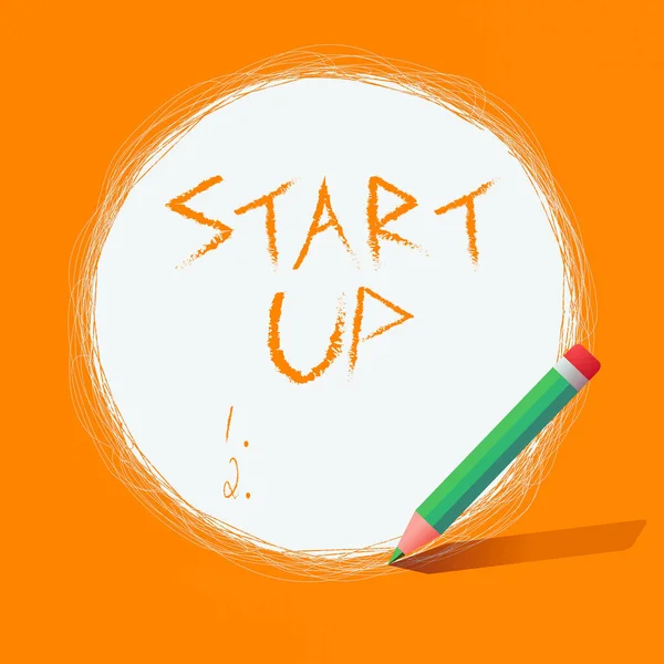 Writing note showing Start Up. Business photo showcasing in the early process of establishing and developing a new business Scribbling of circular lines Using Pencil White Solid Circle. — Stock Photo, Image