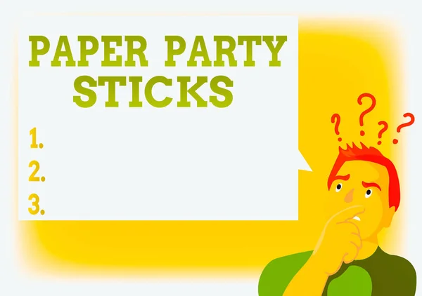 Writing note showing Paper Party Sticks. Business photo showcasing hard painted paper shaped used for signs and emoji Man Expressing Hand on Mouth Question Mark icon Text Bubble.