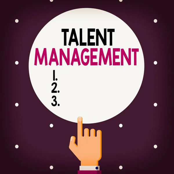 Texte d'écriture de mots Talent Management. Concept d'affaires pour développer les employés supérieurs les plus talentueux disponibles Male Hu analyse main pointant index toucher cercle de couleur unie . — Photo