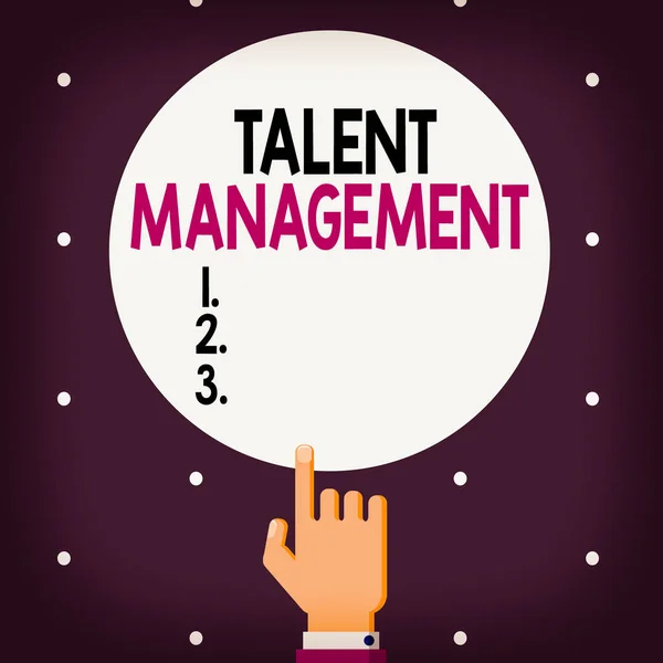 Word writing text Talent Management. Business concept for develop the most talented superior employees available Male Hu analysis Hand Pointing up Index finger Touching Solid Color Circle.