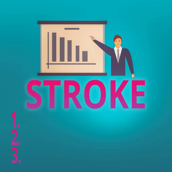 스트로크를 보여 주는 손 글씨를 처음 썼습니다. Business photo showcasing in brain tissue, a blood vessel bursts Man in Business Suit Pointing a Board Bar Chart Copy Space. — 스톡 사진