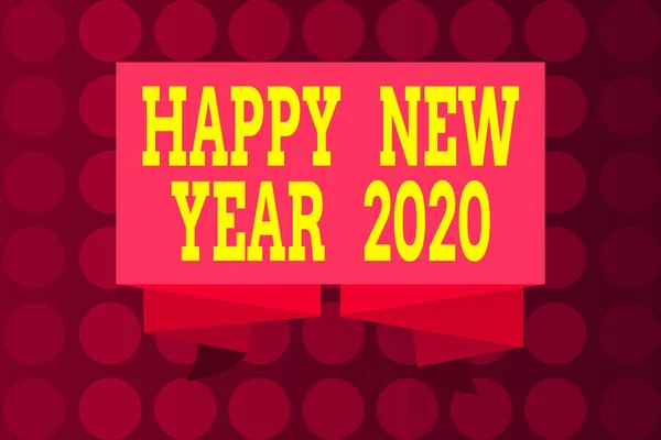 Palavra escrita texto Feliz Ano Novo 2020. Conceito de negócio para celebração do início do ano civil 2020 Faixa de fita dobrada e plissada decorativa Banner Strip ondulado Riband . — Fotografia de Stock
