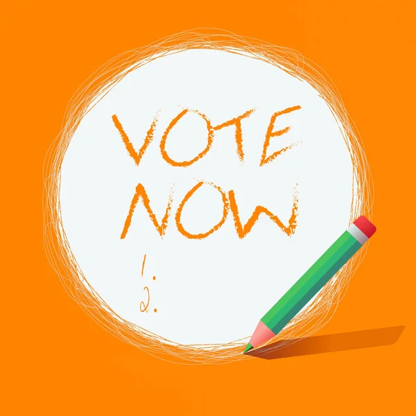 Writing note showing Vote Now. Business photo showcasing a quick decision of a particular individual in an election or meeting Scribbling of circular lines Using Pencil White Solid Circle. — Stock Photo, Image