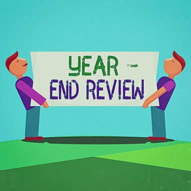 Yıl sonu Değerlendirmesini gösteren metin işareti. Başarı ve hedef geliştirme kavramsal fotoğraf yıllık değerlendirmesi Her iki tarafta dikdörtgen boş panel taşıyan iki adam.