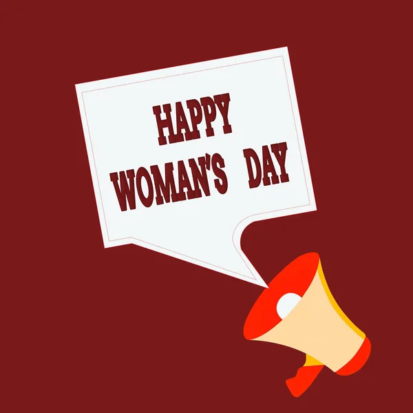 Conceptual hand writing showing Happy Woman S Day. Business photo text to commemorate the essence of every lady around the world Megaphone and Blank Square Speech Bubble Public Announcement. — Stock Photo, Image