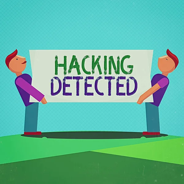 Text sign showing Hacking Detected. Conceptual photo activities that seek to compromise affairs are exposed Two Men Standing Carrying Rectangular Blank Panel Board on Both Sides. — Stock Photo, Image