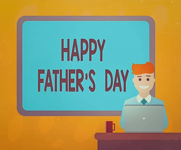 Writing note showing Happy Fathers Day. Business photo showcasing celebrated to show love for the patriarch of the family Bordered Board behind Man Sitting Smiling with Laptop Mug on Desk. — Stock Photo, Image