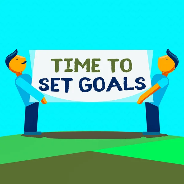Text sign showing Time To Set Goals. Conceptual photo management tips Start training Eliminate bad habits Two Men Standing Carrying Rectangular Blank Panel Board on Both Sides. — Stock Photo, Image