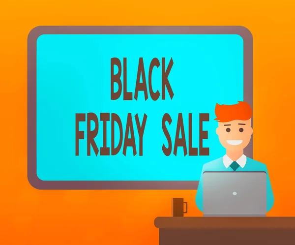Writing note showing Black Friday Sale. Business photo showcasing Attract the buyers with Exclusive product s is lower price Bordered Board behind Man Sitting Smiling with Laptop Mug on Desk. — Stock Photo, Image