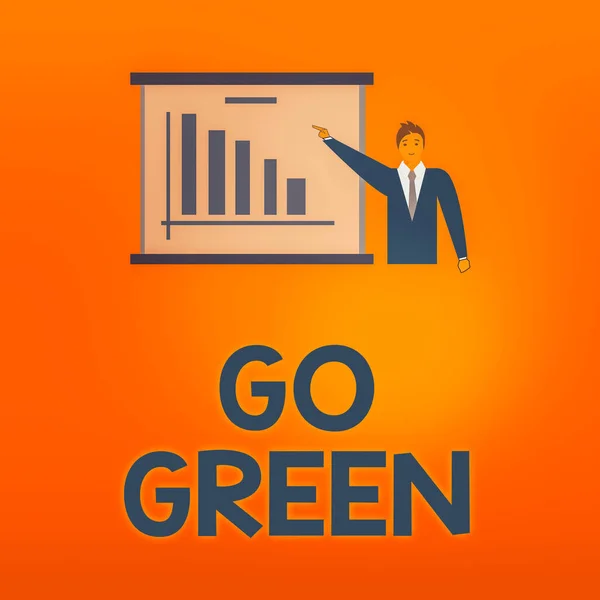 Go Green 'i gösteren bir not yazıyorum. İş fotoğrafı sergisi daha çevre dostu bir yaşam tarzı ve iş adamı takım elbisesi içinde bir pano çubuğu çizelgesini kopyalayan bir karar alma sürecini sürdürüyor. — Stok fotoğraf