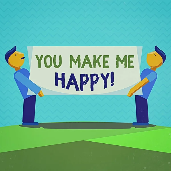 Textschild mit der Aufschrift "You Make Me Happy". Konzeptionelles Foto, das die Person würdigt, die Ihnen Großartiges angetan hat Zwei Männer, die auf beiden Seiten eine rechteckige Platte tragen. — Stockfoto