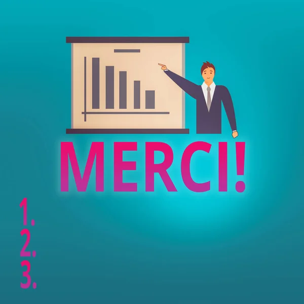 Konzeptuelle Handschrift, die Merci zeigt. Business-Foto, das Danke auf Französisch zeigt, was gesagt wird, wenn einem jemand in Frankreich hilft Mann im Business-Anzug zeigt auf ein Board Bar Chart Copy Space. — Stockfoto