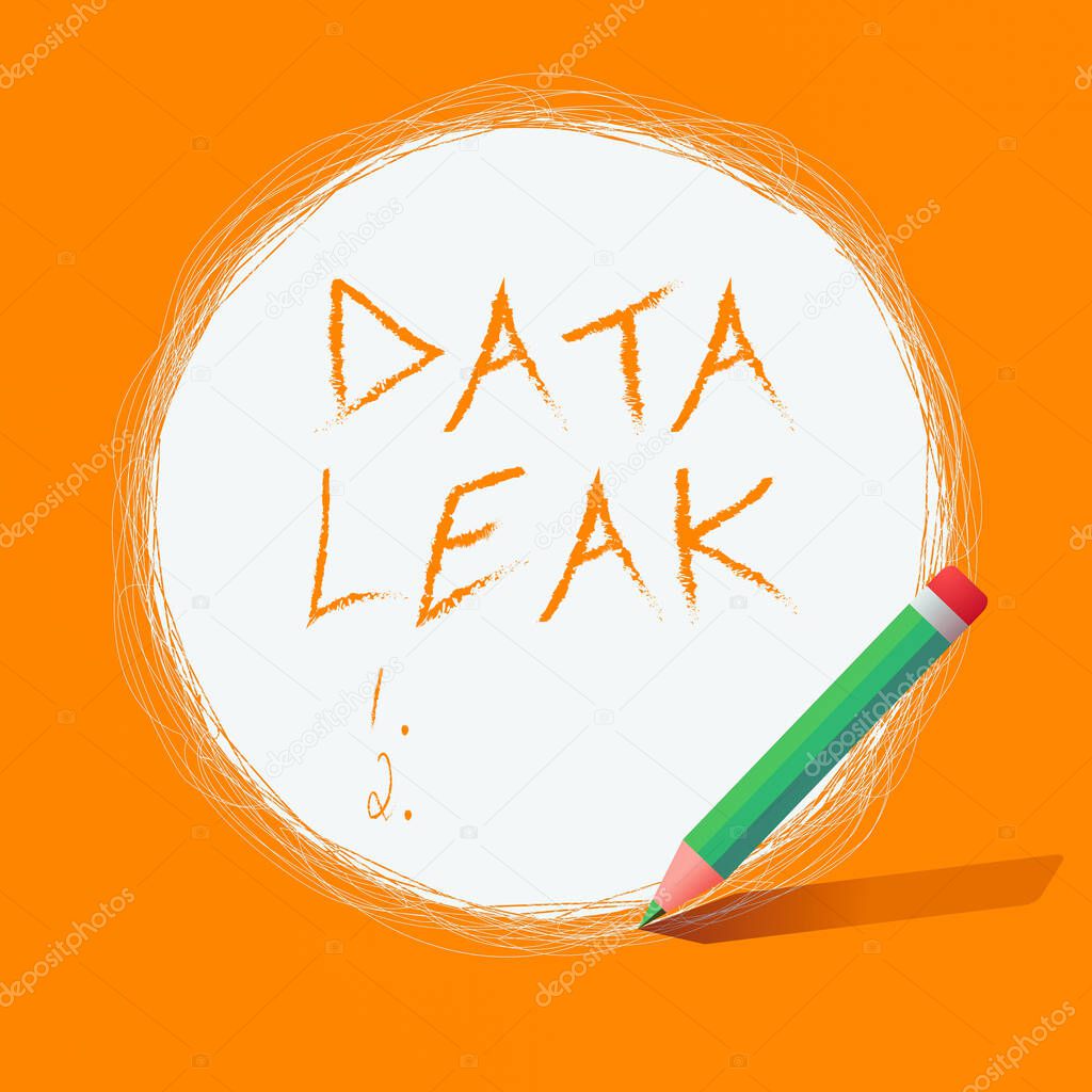 Writing note showing Data Leak. Business photo showcasing released illegal transmission of data from a company externally Scribbling of circular lines Using Pencil White Solid Circle.