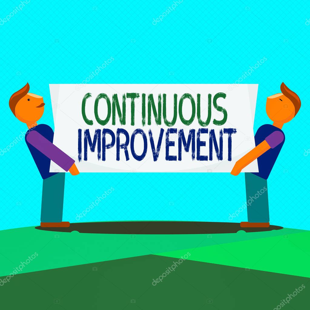 Text sign showing Continuous Improvement. Conceptual photo making small consistent improvements over time Two Men Standing Carrying Rectangular Blank Panel Board on Both Sides.