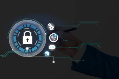 Sanal ekrandaki en son dijital teknolojinin grafikleri asma kilit güvenliği. Güvenli İnternet Ağı Web Veri Uygulama Sistemi.