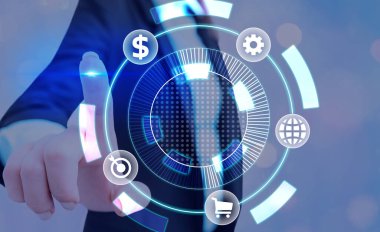 Bilgi işlem elemanları ve düz simgelerle bilgi işlem. En Son Dijital Teknoloji, Sosyal Medya, Ağ Bağlantısı ve İletişim, İş, Mali Konsept.