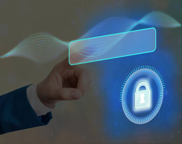 Grafika najnowszych technologii cyfrowych Ochrona danych kłódka bezpieczeństwa na wyświetlaczu wirtualnym. Biznesmen z zamkiem, aby zabezpieczyć. — Zdjęcie stockowe