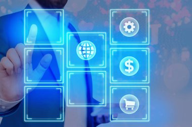 Bilgi işlem elemanları ve düz simgelerle bilgi işlem. En Son Dijital Teknoloji, Sosyal Medya, Ağ Bağlantısı ve İletişim, İş, Mali Konsept.