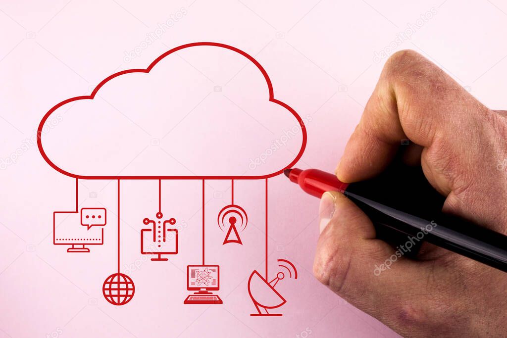Businessman A Smartphone In Exposure Of Futuristic Infographics Interface. Information Technologist In Cloud Computing Diagram Network Big Data Storage Technology Service.