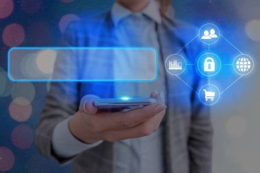 Bilgi işlem elemanları ve düz simgelerle bilgi işlem. En Son Dijital Teknoloji, Sosyal Medya, Ağ Bağlantısı ve İletişim, İş, Mali Konsept.