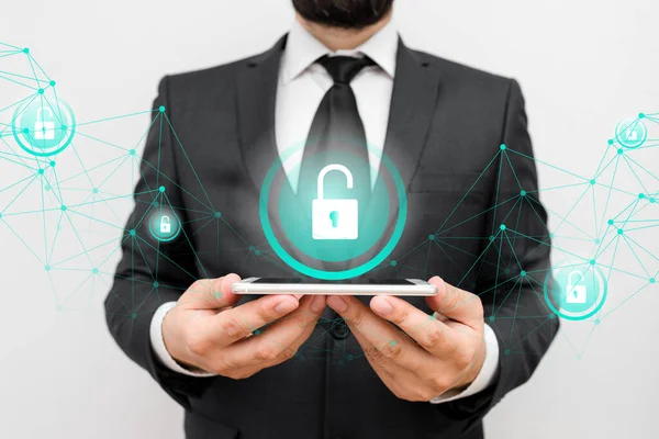 그래픽 Of Latest Digital Technology Protection Data Padlock Security On The Virtual Display. 안전 한 곳에 갇혀 있는 사업가. — 스톡 사진
