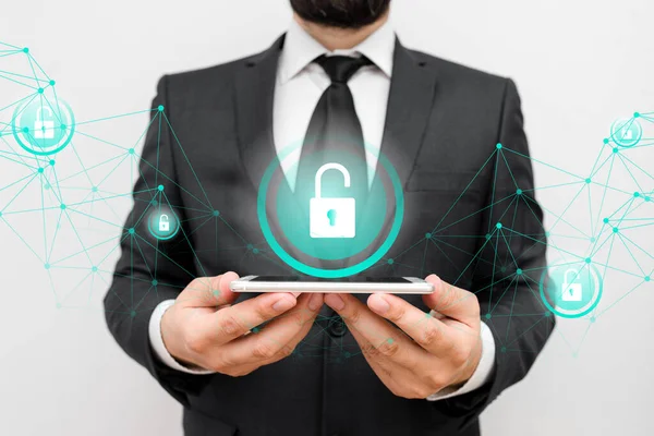 Graphics Of Latest Digital Technology Protection Data Padlock Security On The Virtual Display. Businessman With Lock To Secure. — Stock Photo, Image