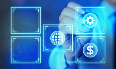 Bilgi işlem elemanları ve düz simgelerle bilgi işlem. En Son Dijital Teknoloji, Sosyal Medya, Ağ Bağlantısı ve İletişim, İş, Mali Konsept.