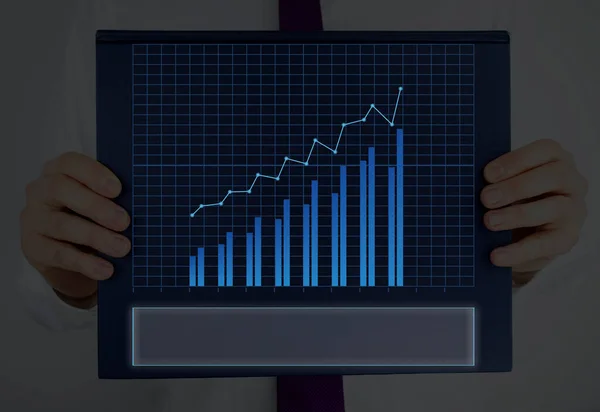 Man Smartphone Illustrating Ascending Trends Performance Bar Graph Increasing Annual Profits. Showing Upward Growth Escalating Movement Rising Financial Stock Chart Status Report.