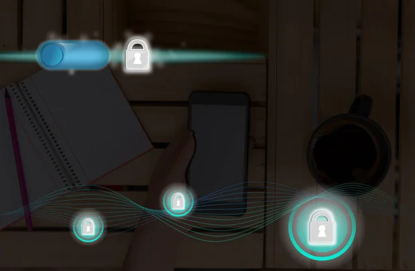 그래픽 Of Latest Digital Technology Protection Data Padlock Security On The Virtual Display. 안전 한 곳에 갇혀 있는 사업가. — 스톡 사진