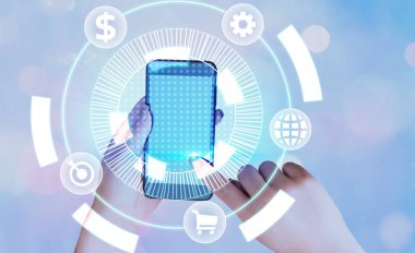 Bilgi işlem elemanları ve düz simgelerle bilgi işlem. En Son Dijital Teknoloji, Sosyal Medya, Ağ Bağlantısı ve İletişim, İş, Mali Konsept.