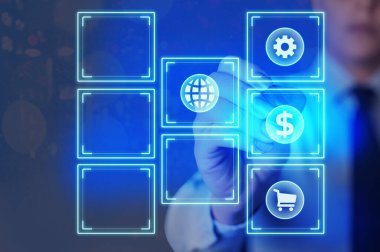 Bilgi işlem elemanları ve düz simgelerle bilgi işlem. En Son Dijital Teknoloji, Sosyal Medya, Ağ Bağlantısı ve İletişim, İş, Mali Konsept.