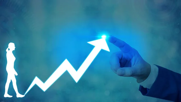 Man Smartphone Illustrating Ascending Trends Performance Bar Graph Increasing Annual Profits. Showing Upward Growth Escalating Movement Rising Financial Stock Chart Status Report. — Stock Photo, Image