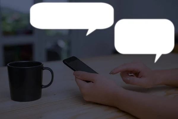 Person Sending Chat Messages On Laptop Computer Smartphone With A Blank Speech Bubble. Social Media Communication Text Messaging Information Flat Concept Illustration.
