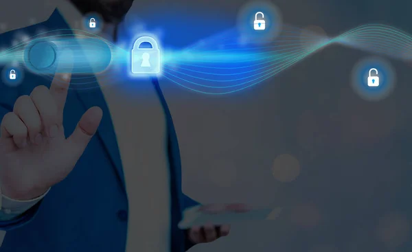 Graphics Of Latest Digital Technology Protection Data Padlock Security On The Virtual Display. Businessman With Lock To Secure. — Stock Photo, Image