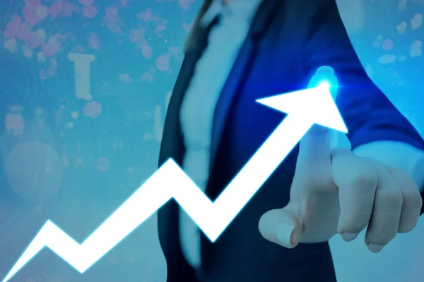 Man Smartphone Illustrating Ascending Trends Performance Bar Graph Increasing Annual Profits. Showing Upward Growth Escalating Movement Rising Financial Stock Chart Status Report. — Stock Photo, Image