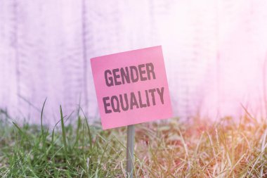 Cinsiyet Eşitliğini gösteren bir not yazıyorum. Hem erkeklere hem de kadınlara verilen aynı ayrıcalıklara erişimi gösteren iş fotoğrafı. Yapıştırılmış ve çimenli topraklara yerleştirilmiş sade kağıt..