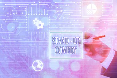 Stand-up Comedy 'yi gösteren kavramsal el yazısı. İş fotoğrafı bir komedyenin komik hikayeler okuduğu komik bir metin..